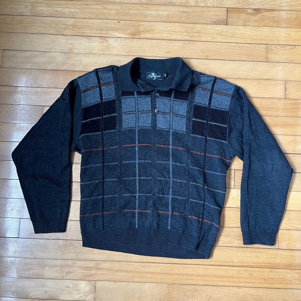 Gran Sasso Mens Vintage Wool Blend Grid Polo Sweater Charcoal Grey Small